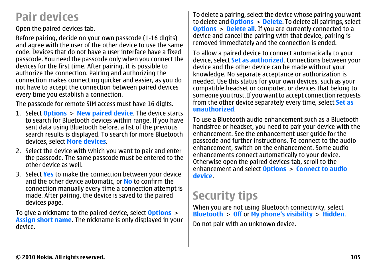 Pair devices, Security tips | Nokia E71 User Manual | Page 105 / 151