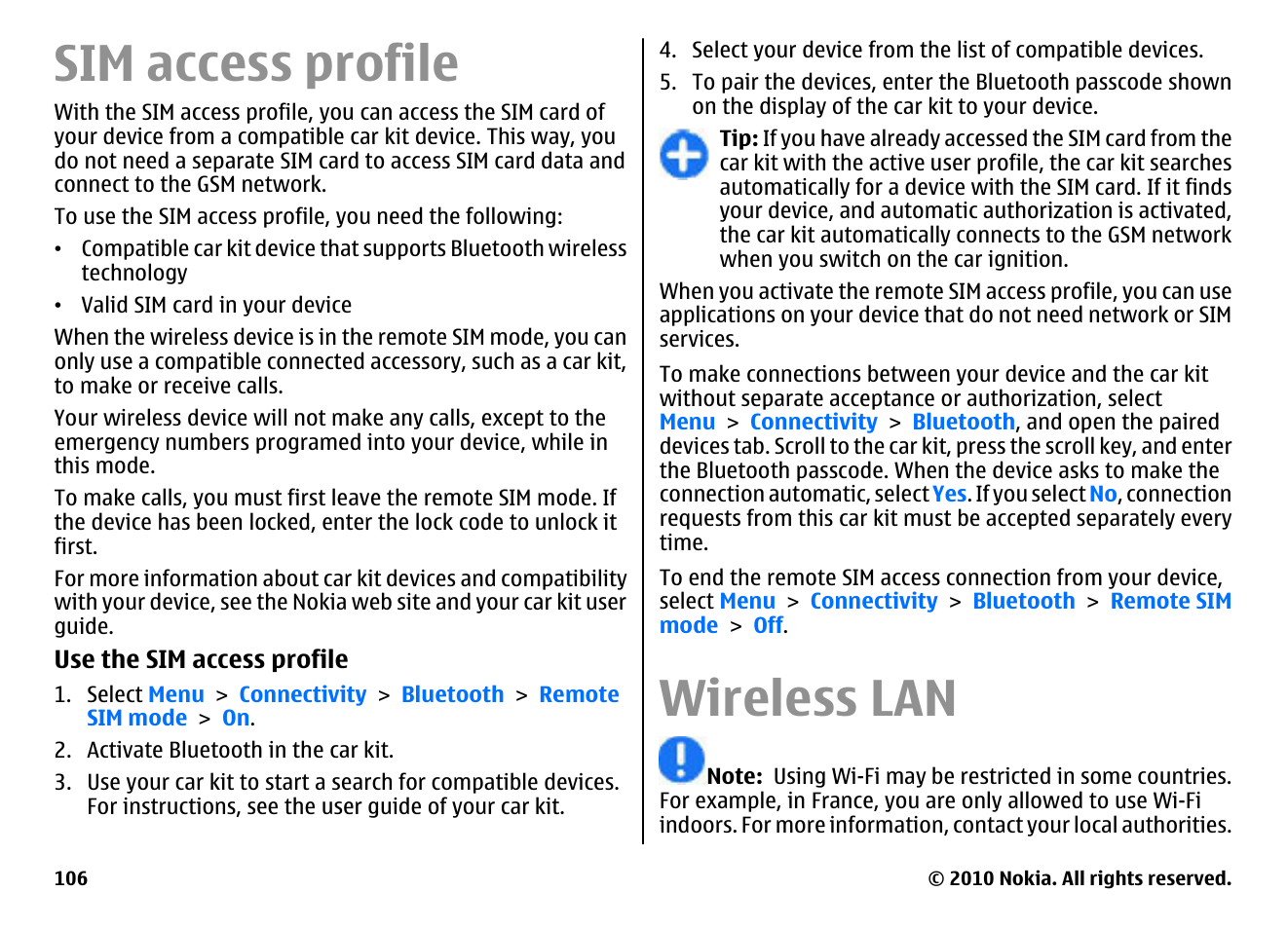 Sim access profile, Wireless lan | Nokia E71 User Manual | Page 106 / 151