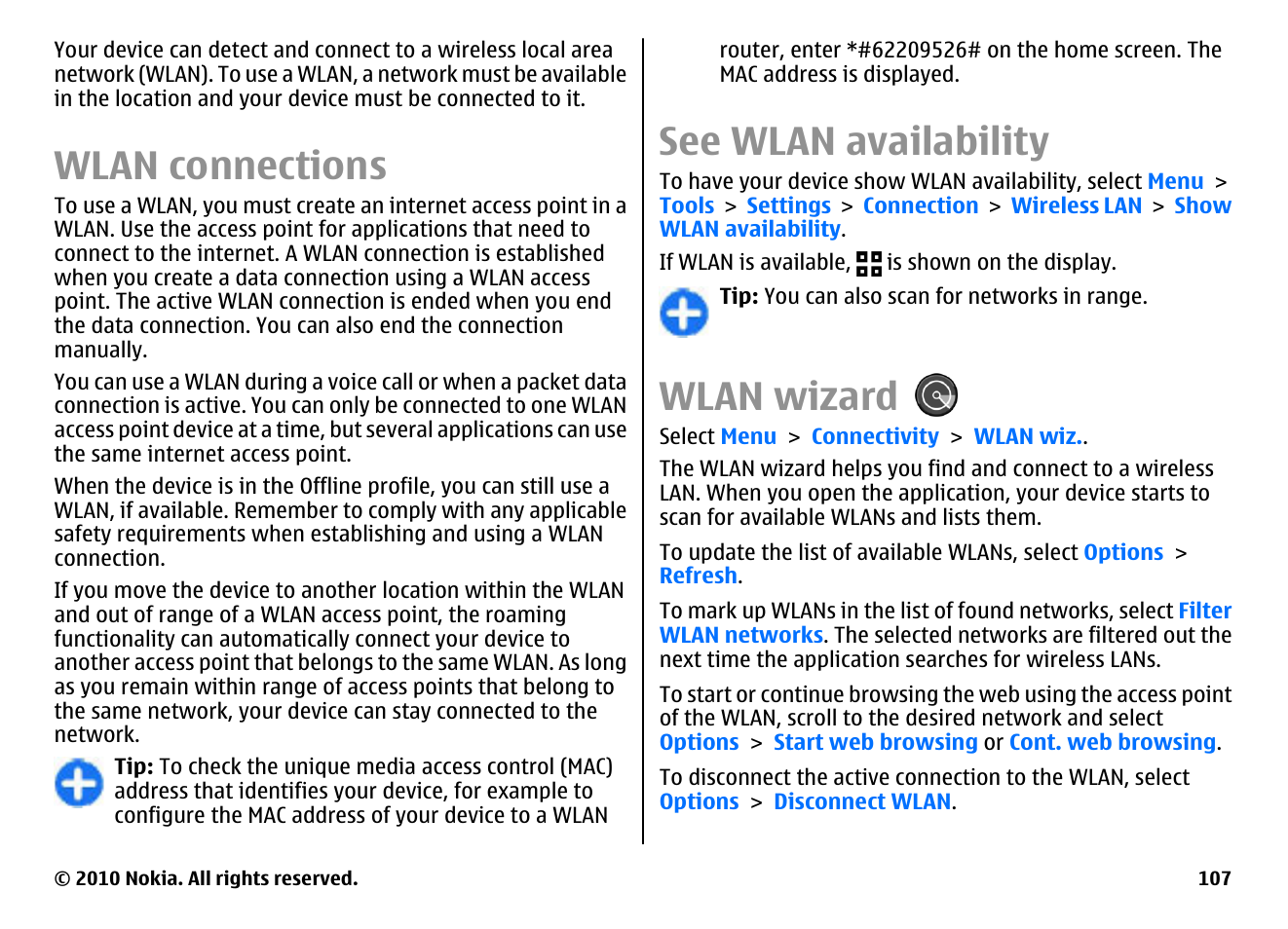 Wlan connections, See wlan availability, Wlan wizard | Nokia E71 User Manual | Page 107 / 151
