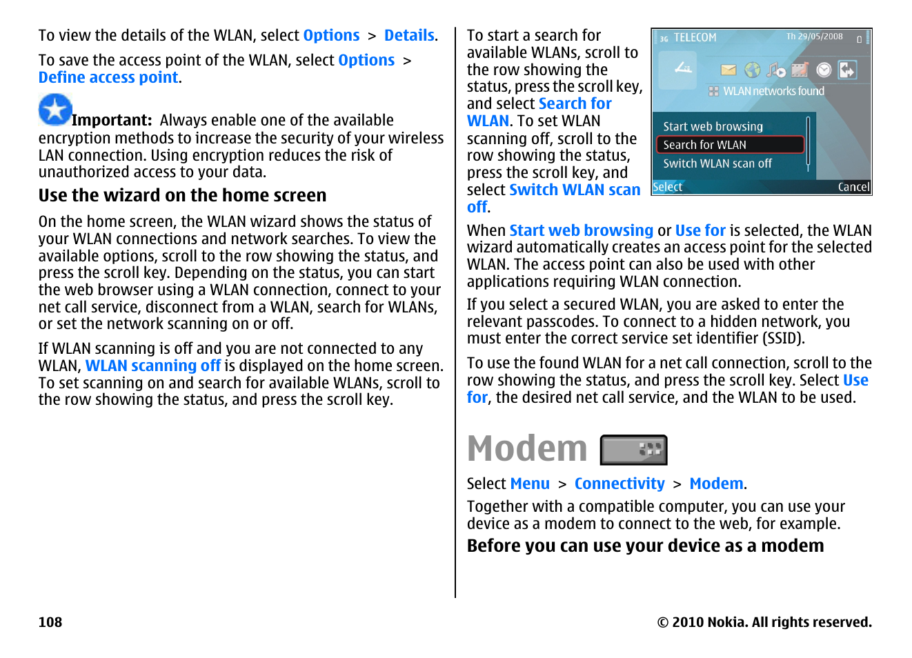 Modem | Nokia E71 User Manual | Page 108 / 151