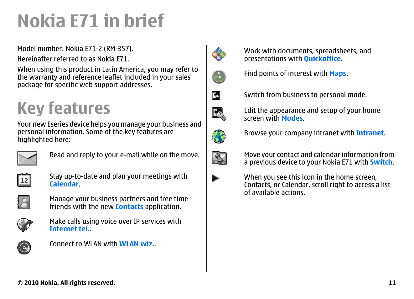 Nokia e71 in brief, Key features | Nokia E71 User Manual | Page 11 / 151