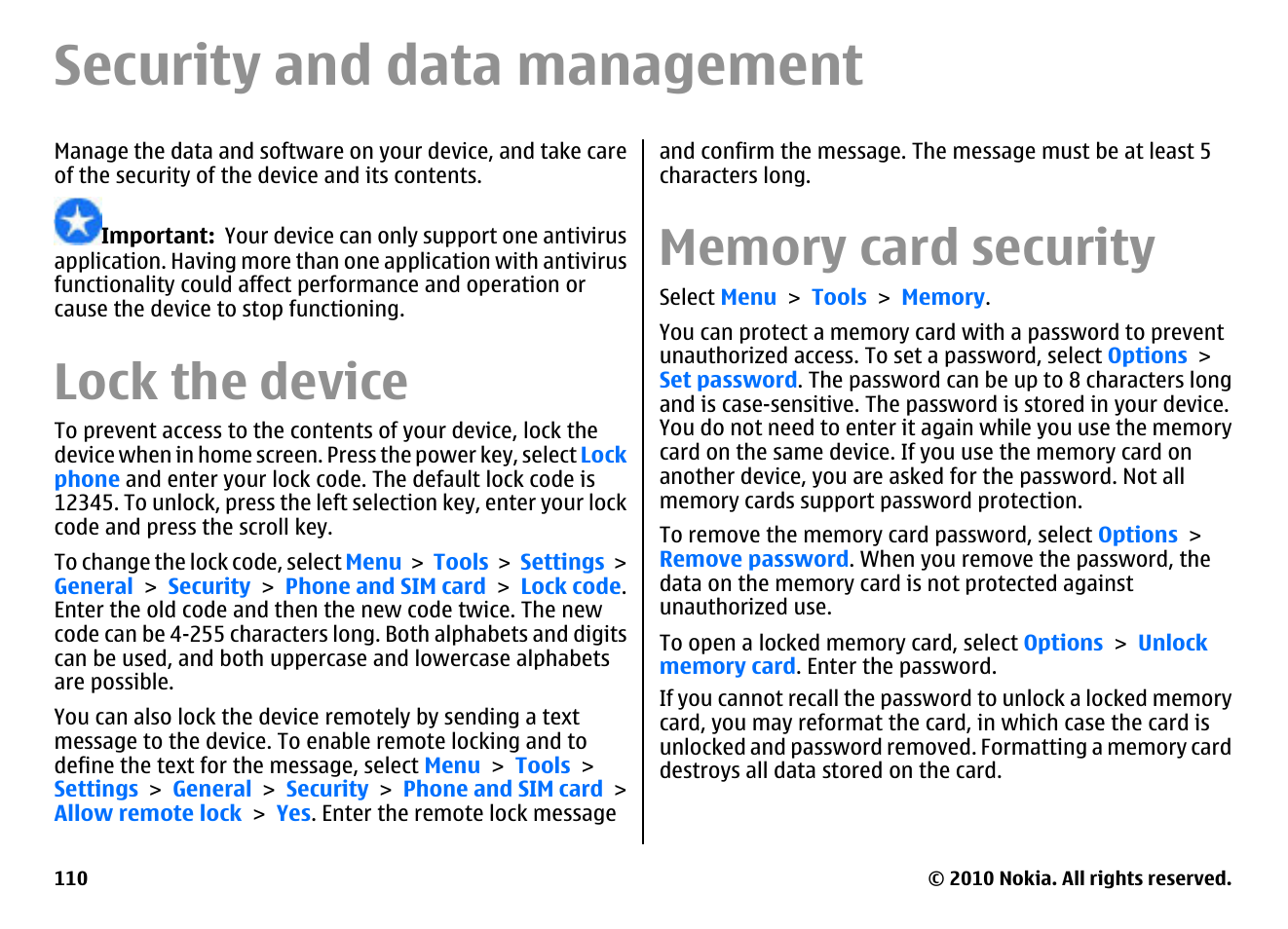 Security and data management, Lock the device, Memory card security | Nokia E71 User Manual | Page 110 / 151