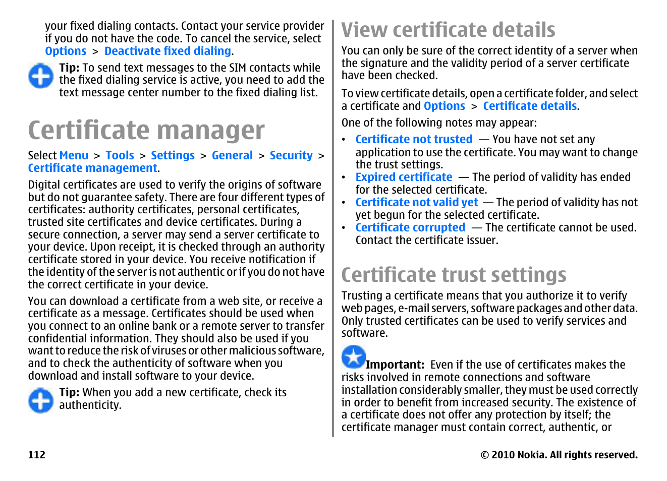 Certificate manager, View certificate details, Certificate trust settings | Nokia E71 User Manual | Page 112 / 151