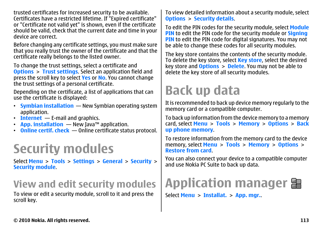 Security modules, View and edit security modules, Back up data | Application manager | Nokia E71 User Manual | Page 113 / 151