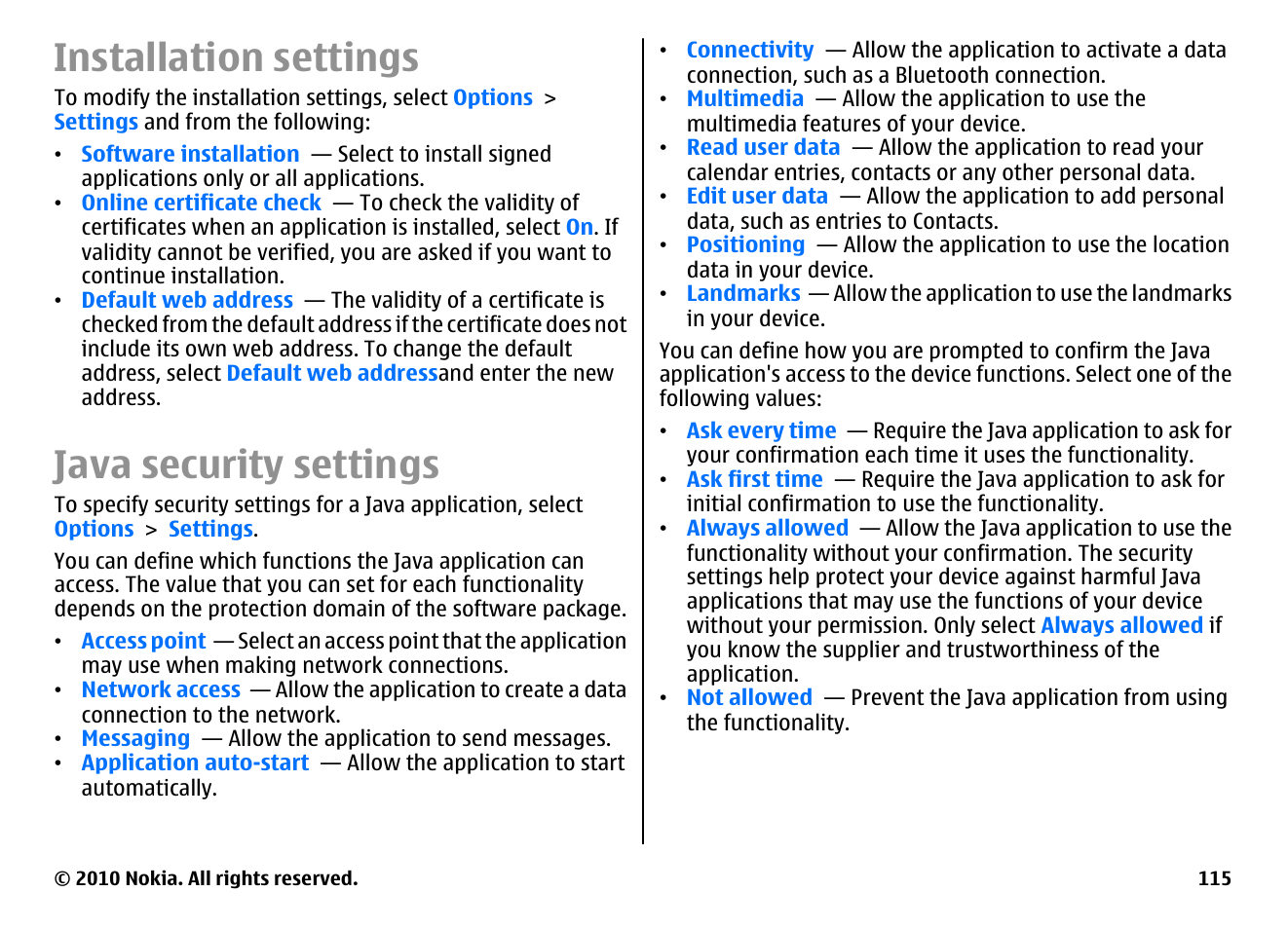 Installation settings, Java security settings | Nokia E71 User Manual | Page 115 / 151