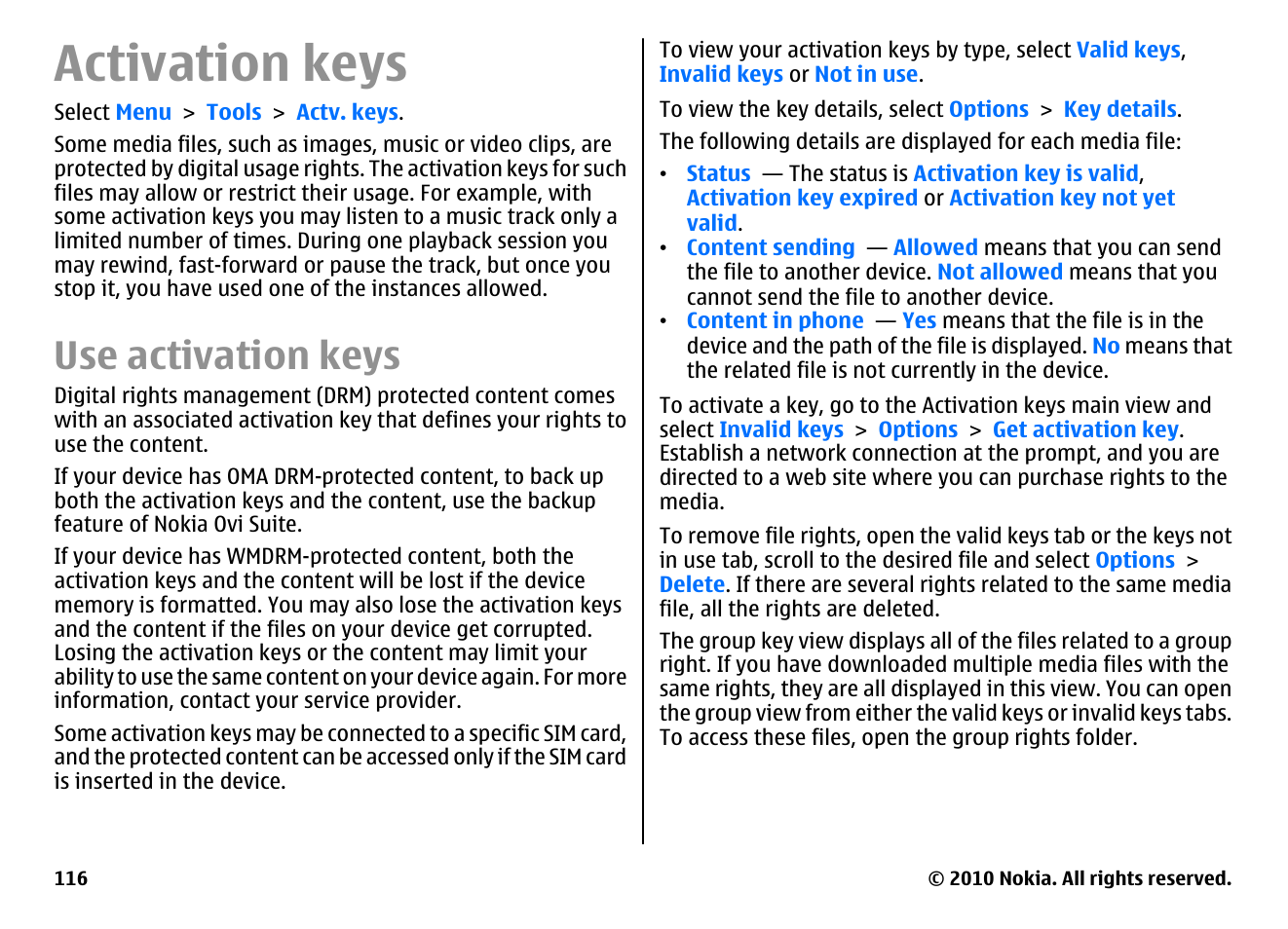 Activation keys, Use activation keys | Nokia E71 User Manual | Page 116 / 151