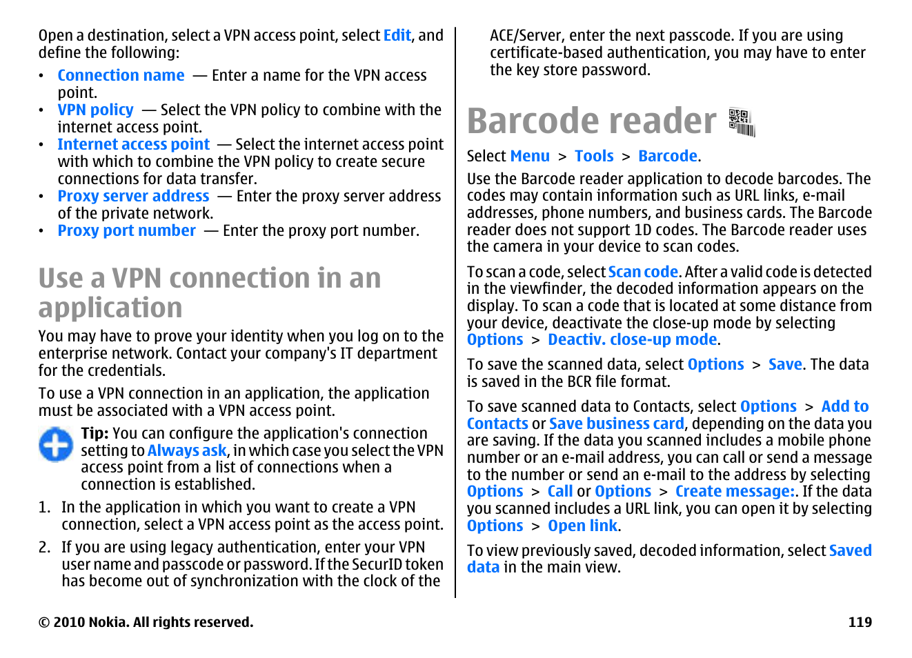 Use a vpn connection in an application, Barcode reader | Nokia E71 User Manual | Page 119 / 151