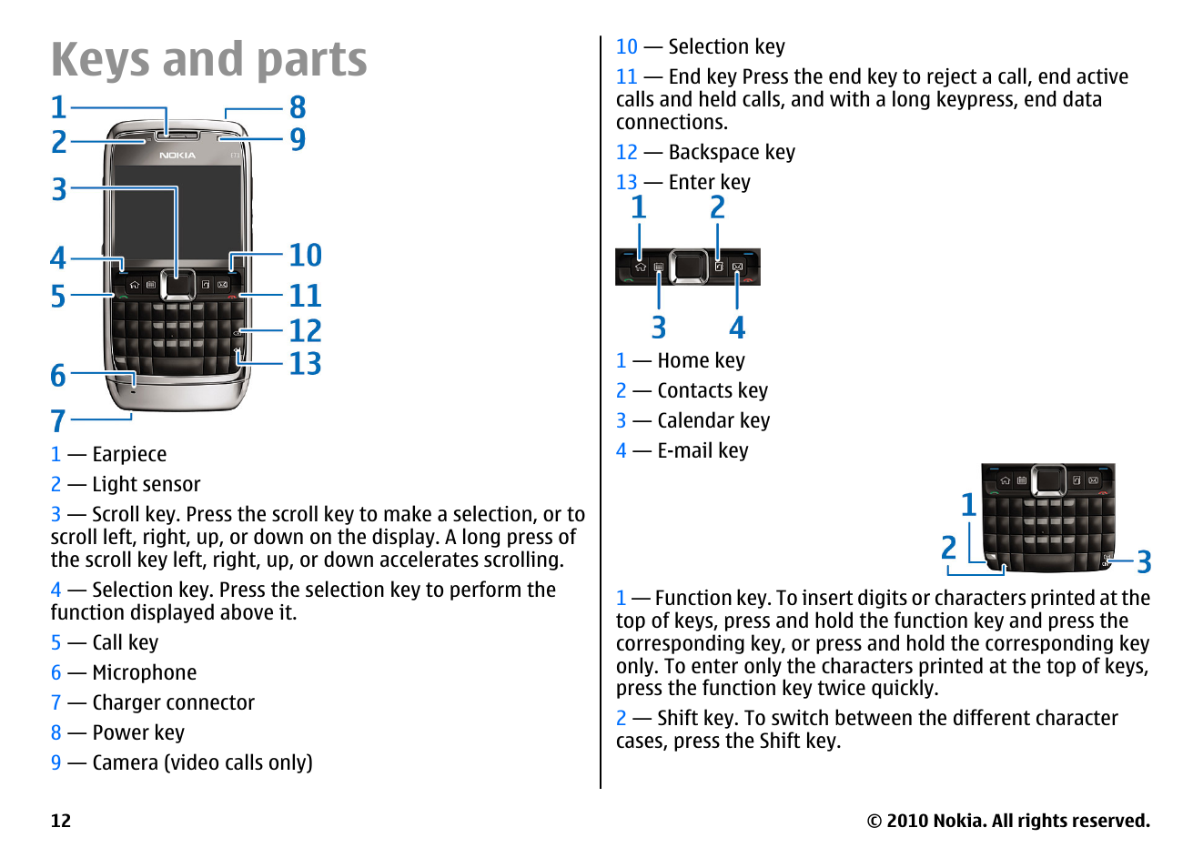 Keys and parts | Nokia E71 User Manual | Page 12 / 151