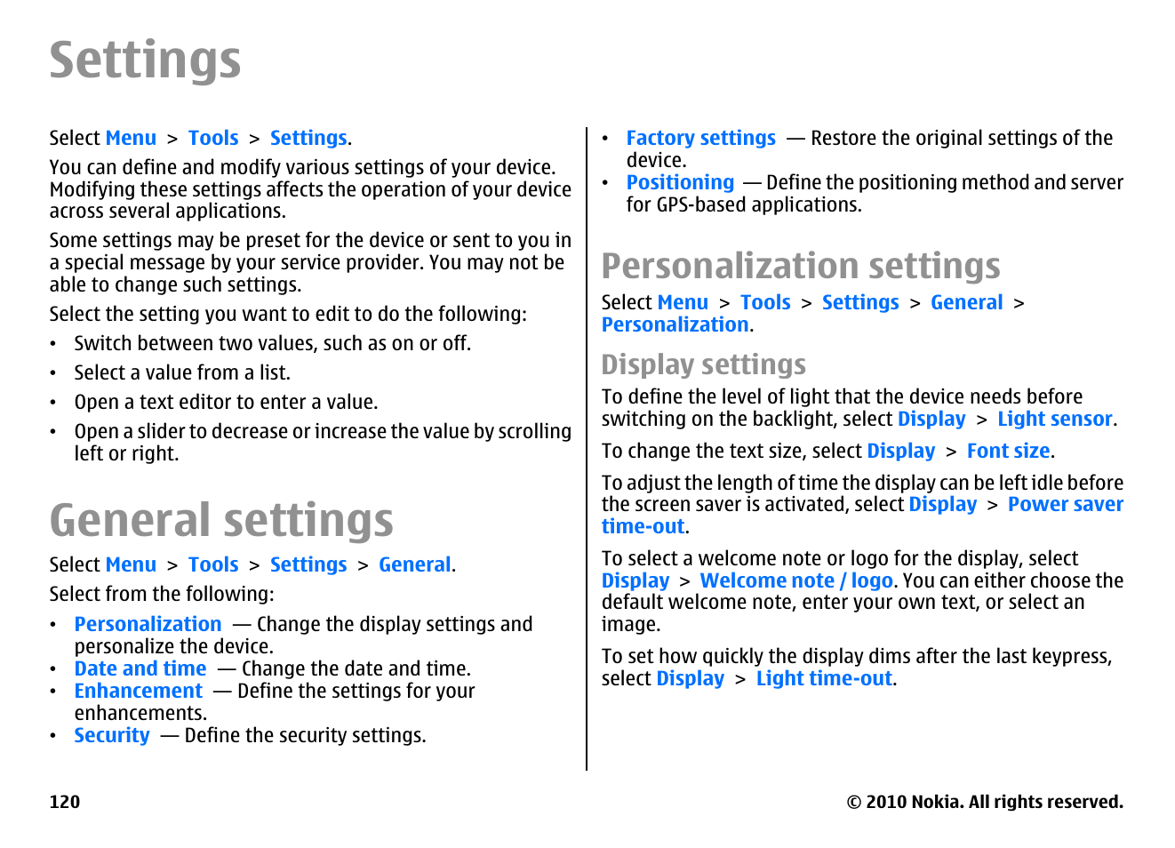 Settings, General settings, Personalization settings | Display settings | Nokia E71 User Manual | Page 120 / 151