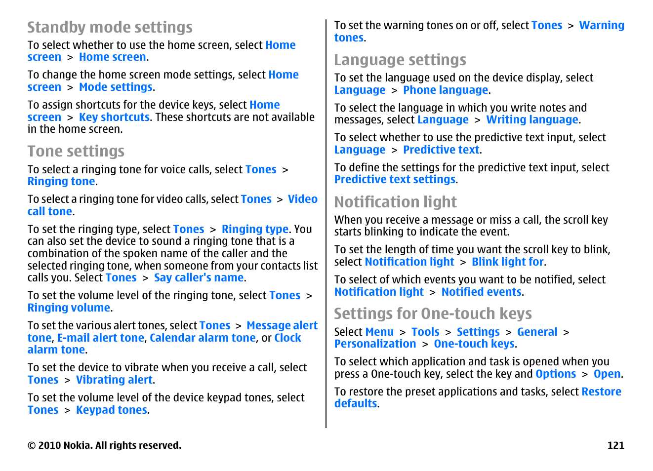 Standby mode settings, Tone settings, Language settings | Notification light, Settings for one-touch keys | Nokia E71 User Manual | Page 121 / 151