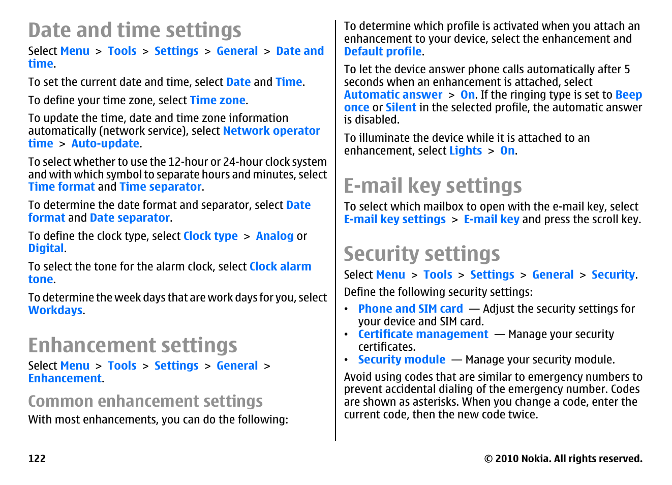 Date and time settings, Enhancement settings, Common enhancement settings | E-mail key settings, Security settings | Nokia E71 User Manual | Page 122 / 151