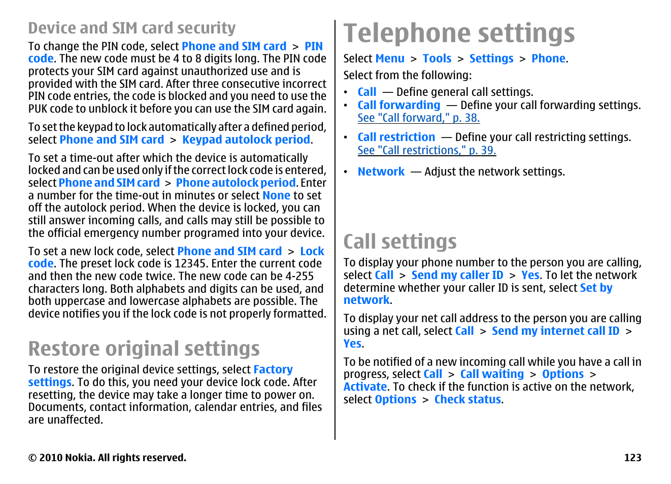 Device and sim card security, Restore original settings, Telephone settings | Call settings | Nokia E71 User Manual | Page 123 / 151