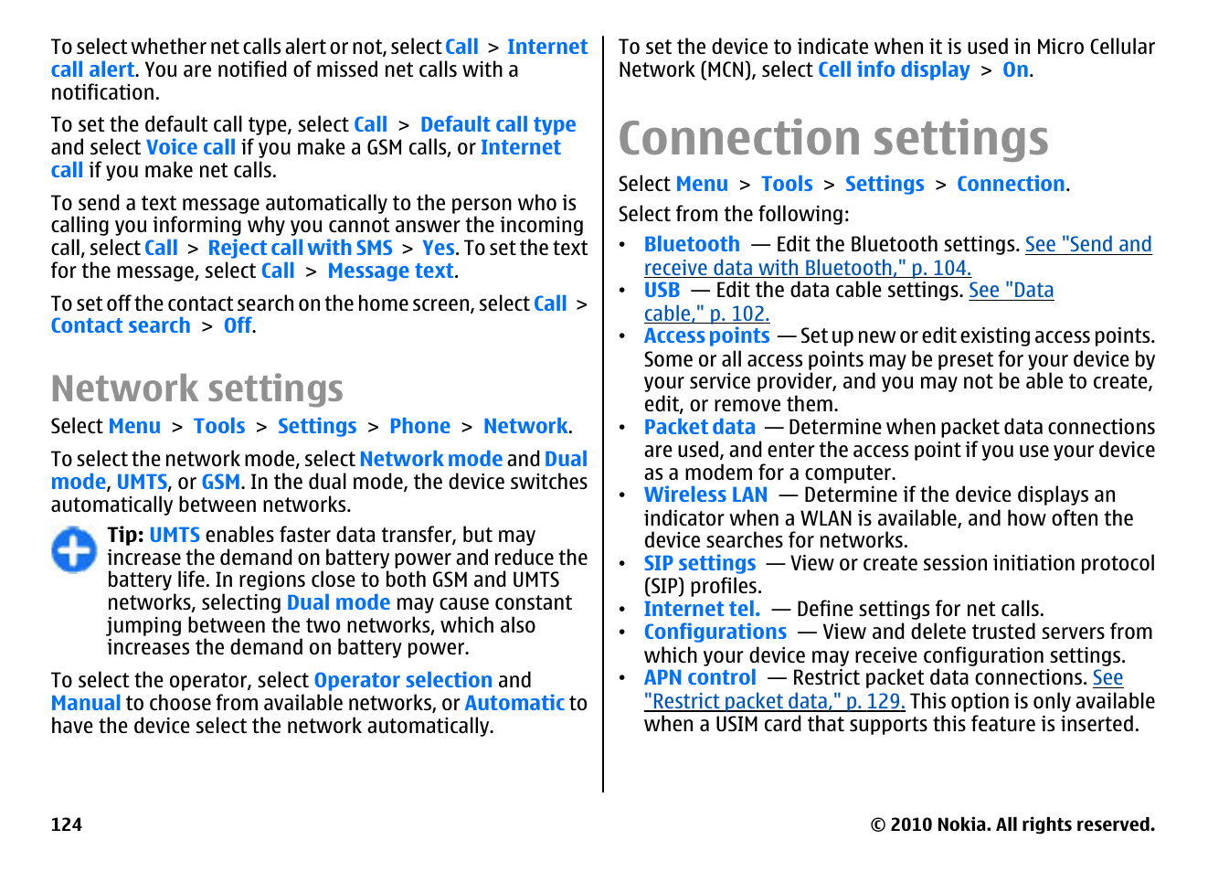 Network settings, Connection settings | Nokia E71 User Manual | Page 124 / 151