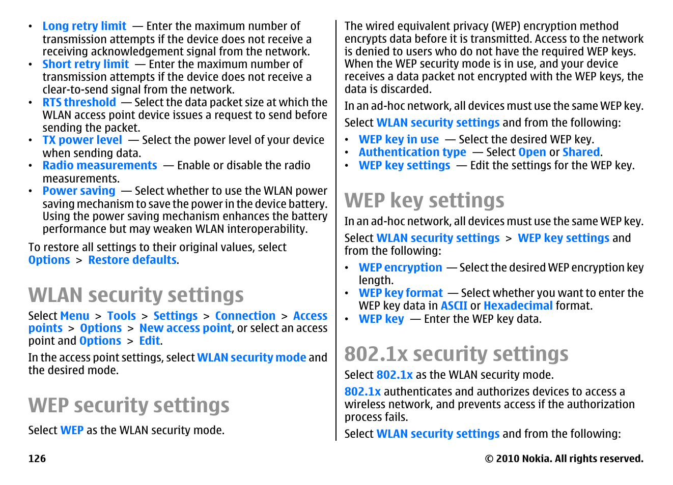 Wlan security settings, Wep security settings, Wep key settings | 1x security settings | Nokia E71 User Manual | Page 126 / 151