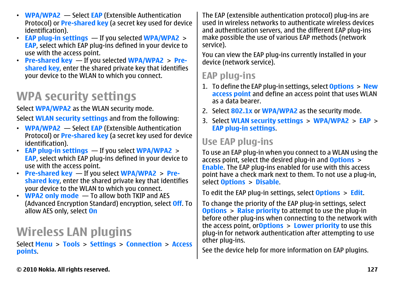 Wpa security settings, Wireless lan plugins, Eap plug-ins | Use eap plug-ins | Nokia E71 User Manual | Page 127 / 151