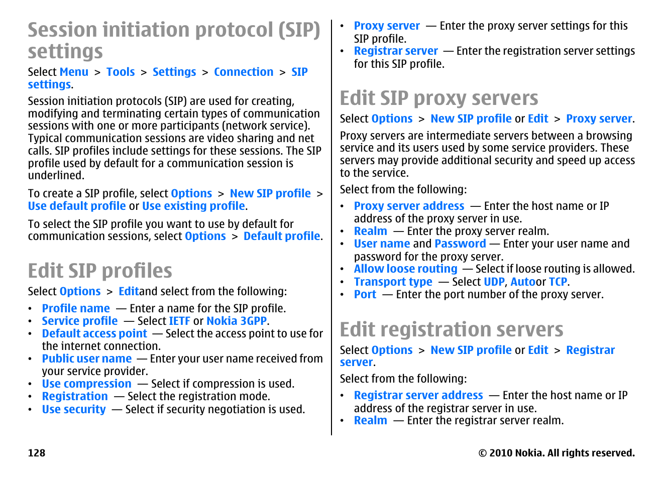 Session initiation protocol (sip) settings, Edit sip profiles, Edit sip proxy servers | Edit registration servers | Nokia E71 User Manual | Page 128 / 151