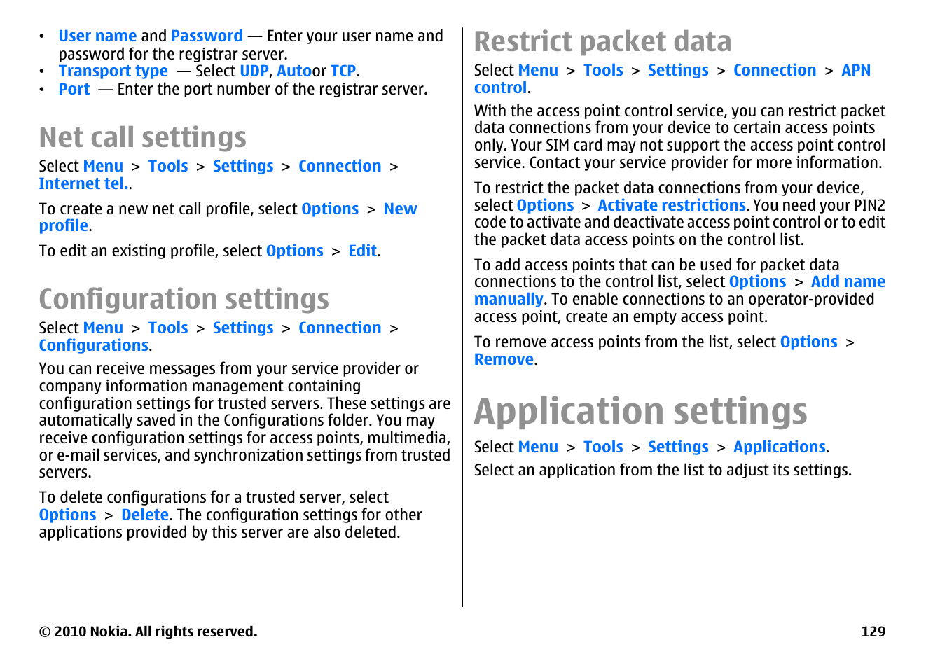 Net call settings, Configuration settings, Restrict packet data | Application settings, Nnections, Restrict packet data," p. 129 | Nokia E71 User Manual | Page 129 / 151