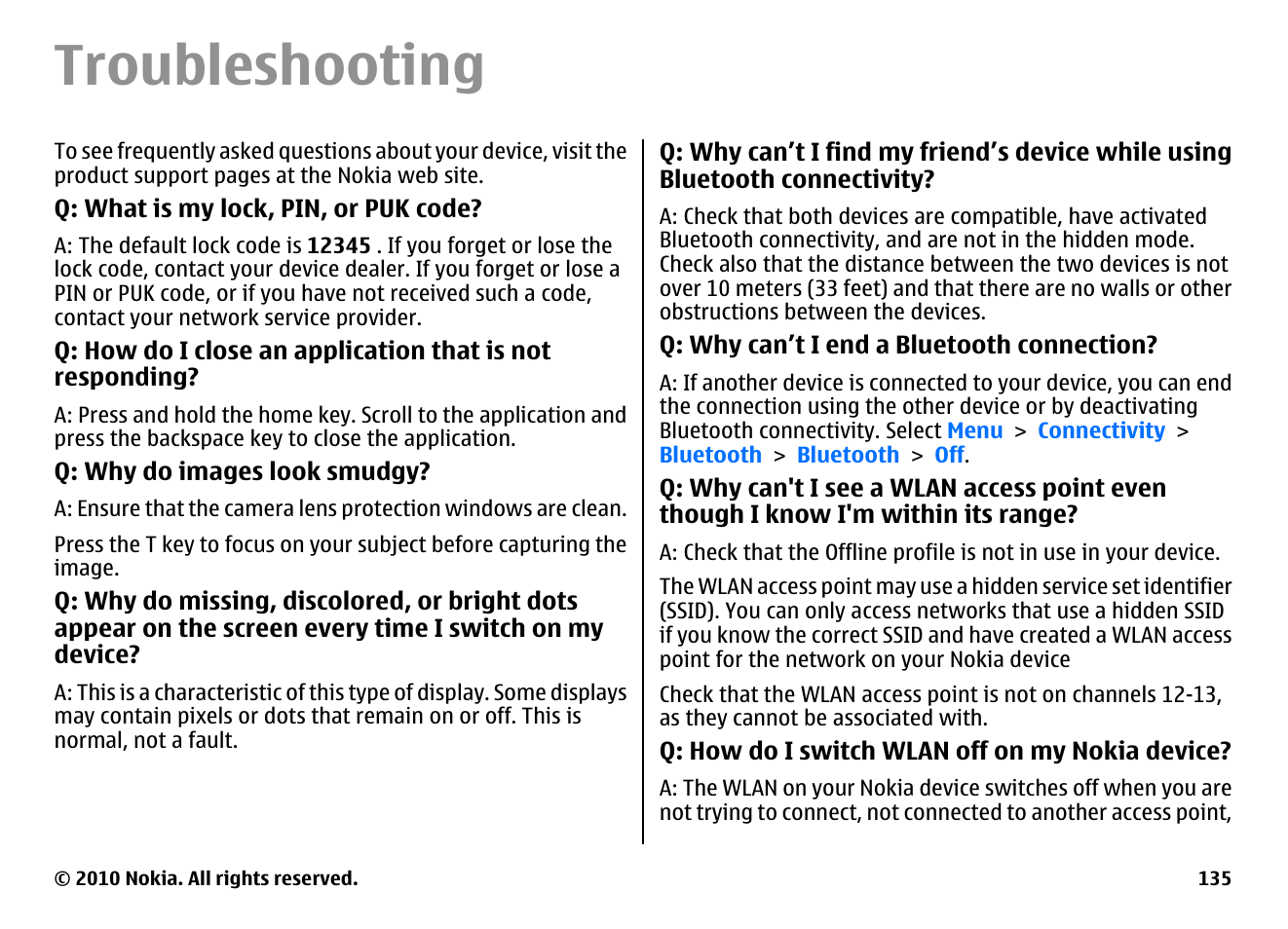 Troubleshooting | Nokia E71 User Manual | Page 135 / 151