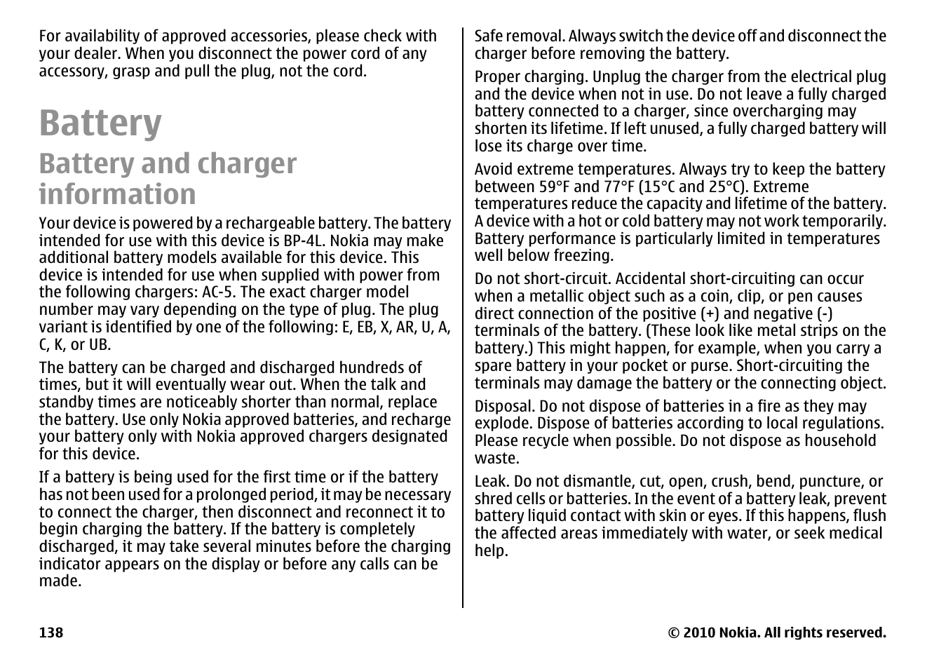 Battery, Battery and charger information | Nokia E71 User Manual | Page 138 / 151