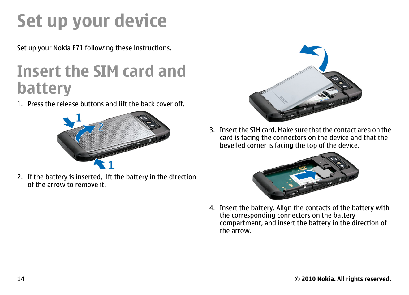 Set up your device, Insert the sim card and battery | Nokia E71 User Manual | Page 14 / 151