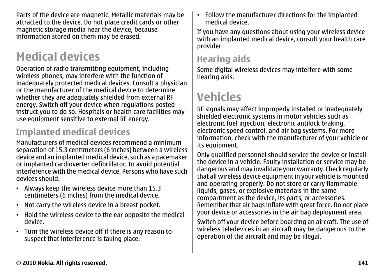 Medical devices, Implanted medical devices, Hearing aids | Vehicles | Nokia E71 User Manual | Page 141 / 151