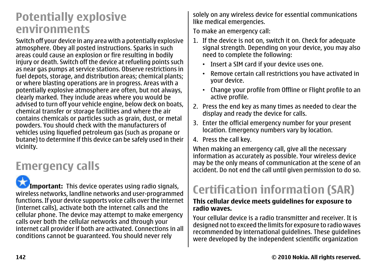 Potentially explosive environments, Emergency calls, Certification information (sar) | Nokia E71 User Manual | Page 142 / 151