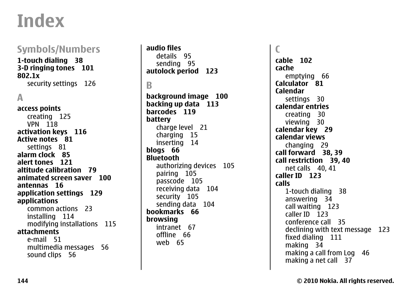 Index, Symbols/numbers | Nokia E71 User Manual | Page 144 / 151