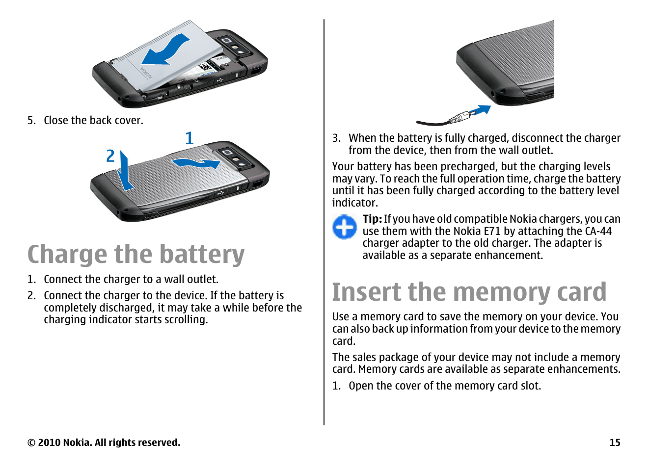Charge the battery, Insert the memory card | Nokia E71 User Manual | Page 15 / 151