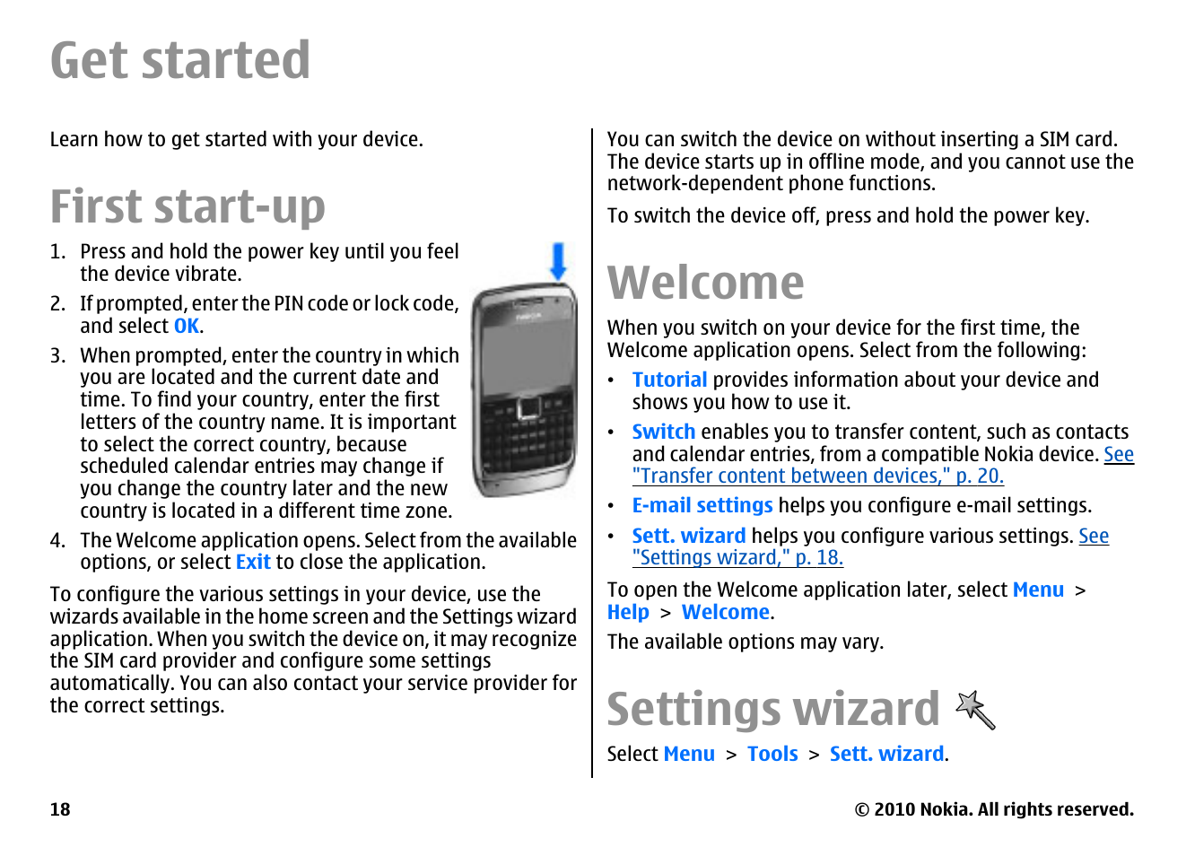 Get started, First start-up, Welcome | Settings wizard | Nokia E71 User Manual | Page 18 / 151