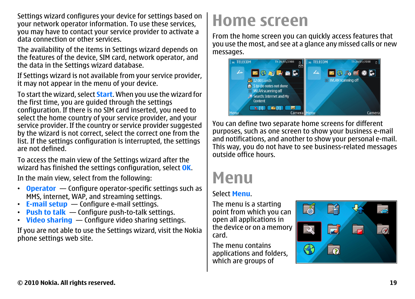 Home screen, Menu | Nokia E71 User Manual | Page 19 / 151