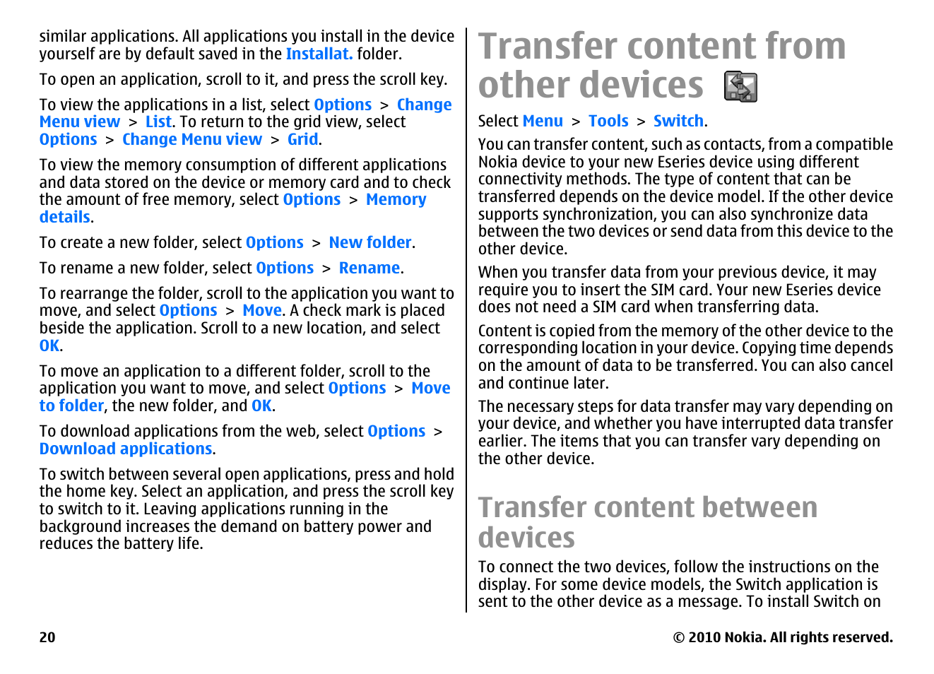 Transfer content from other devices, Transfer content between devices, Transfer content between devices," p. 20 | Nokia E71 User Manual | Page 20 / 151