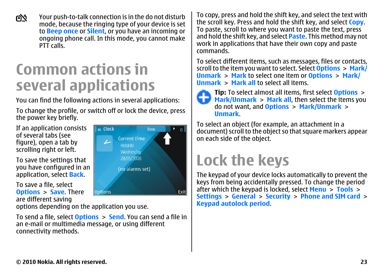 Common actions in several applications, Lock the keys | Nokia E71 User Manual | Page 23 / 151