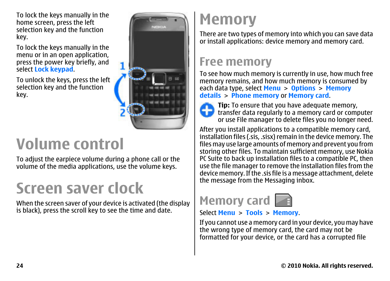 Volume control, Screen saver clock, Memory | Free memory, Memory card | Nokia E71 User Manual | Page 24 / 151