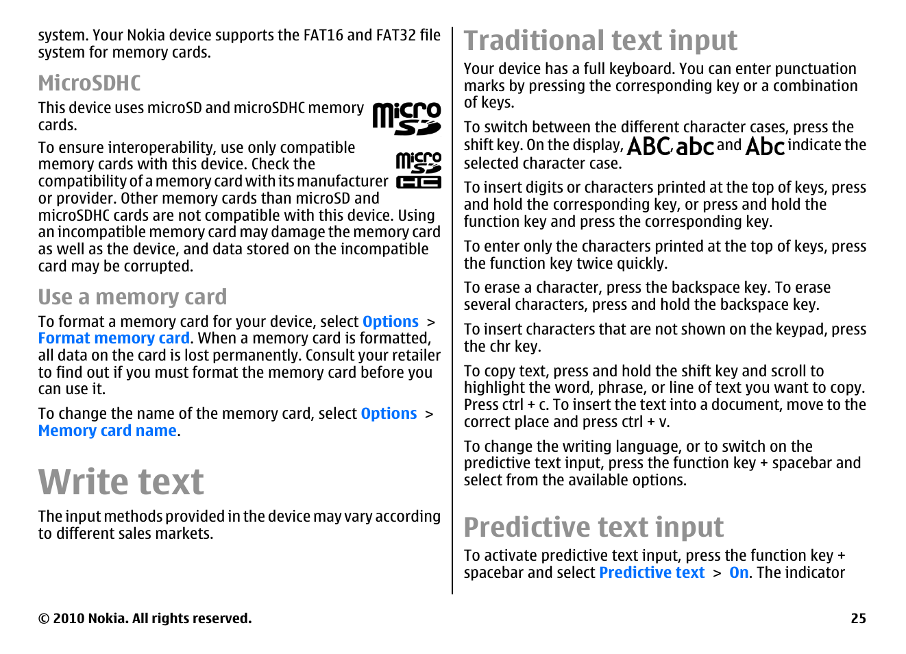 Microsdhc, Use a memory card, Write text | Traditional text input, Predictive text input | Nokia E71 User Manual | Page 25 / 151