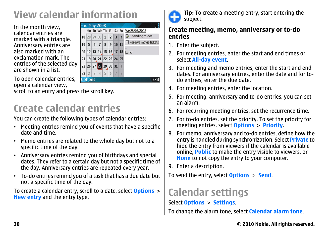 View calendar information, Create calendar entries, Calendar settings | Nokia E71 User Manual | Page 30 / 151