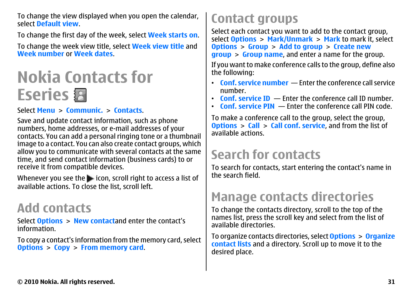 Nokia contacts for eseries, Add contacts, Contact groups | Search for contacts, Manage contacts directories | Nokia E71 User Manual | Page 31 / 151