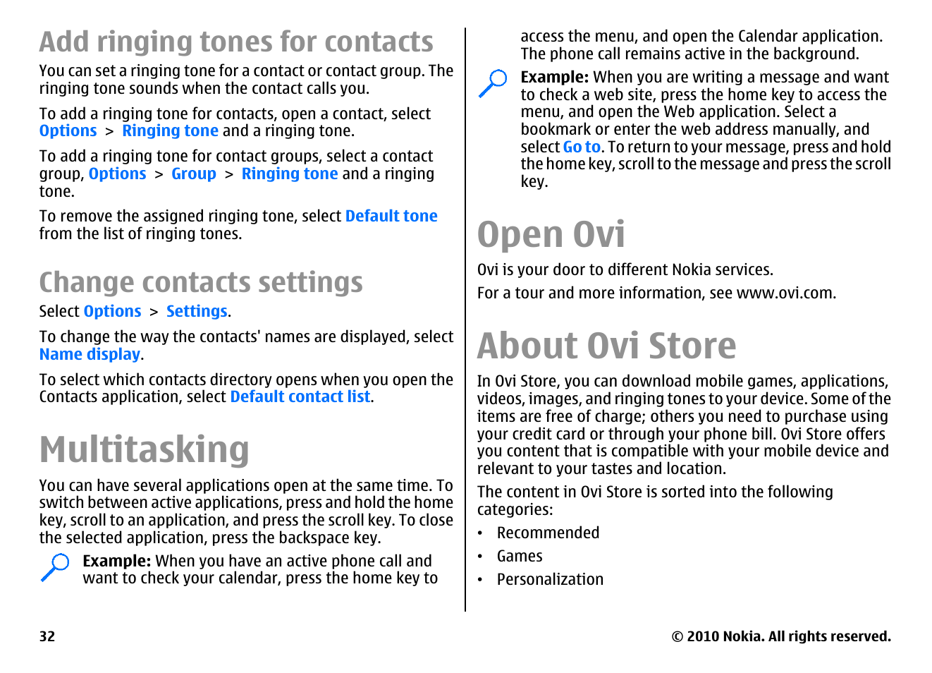 Add ringing tones for contacts, Change contacts settings, Multitasking | Open ovi, About ovi store | Nokia E71 User Manual | Page 32 / 151