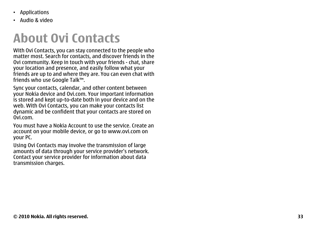 About ovi contacts | Nokia E71 User Manual | Page 33 / 151