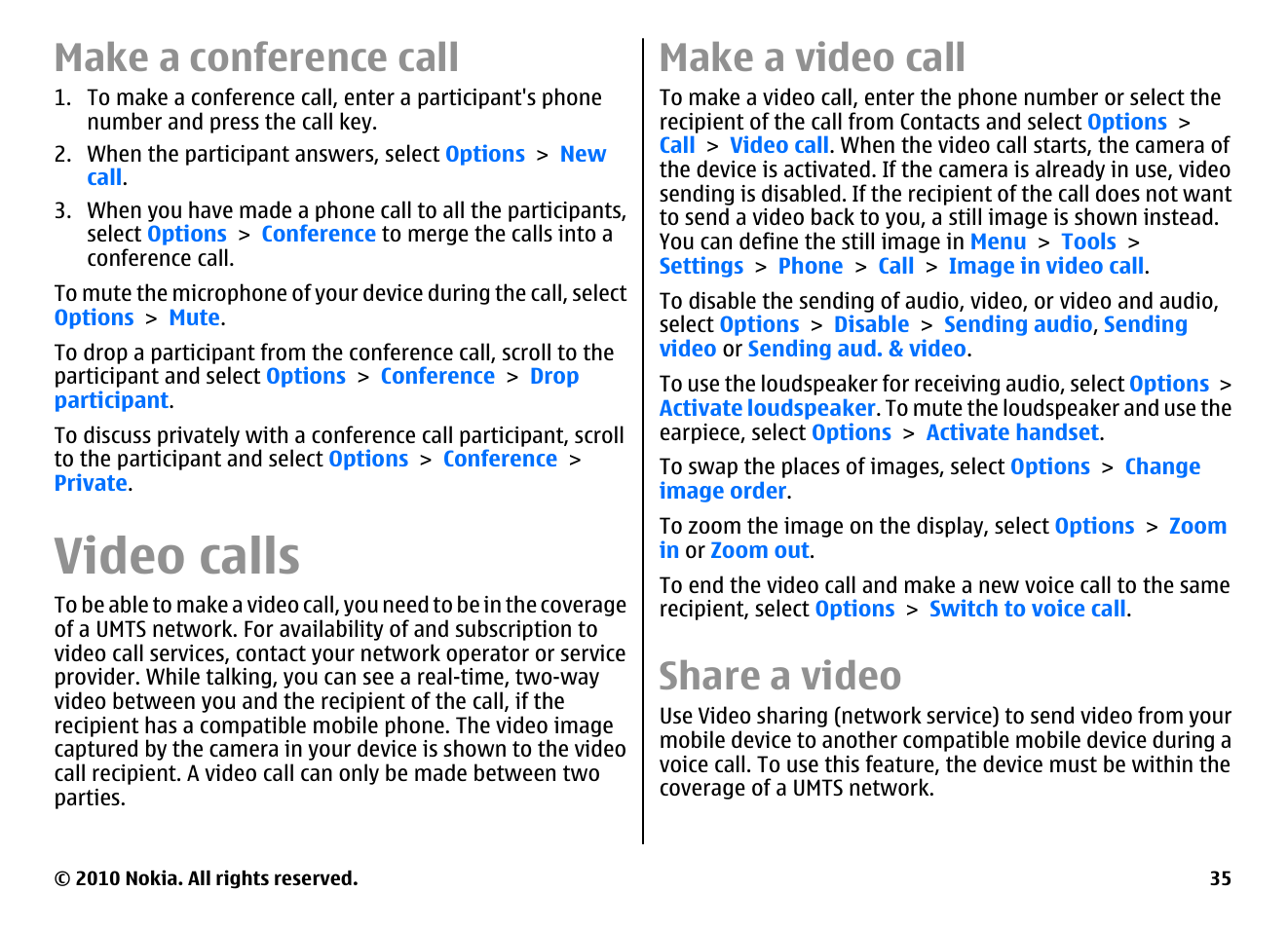 Make a conference call, Video calls, Make a video call | Share a video | Nokia E71 User Manual | Page 35 / 151