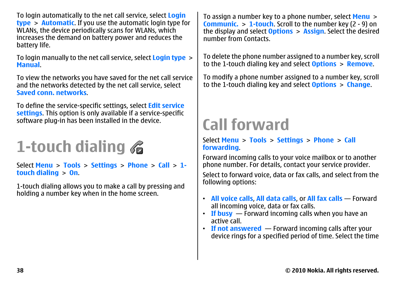 Touch dialing, Call forward, Call restrictions | Nokia E71 User Manual | Page 38 / 151