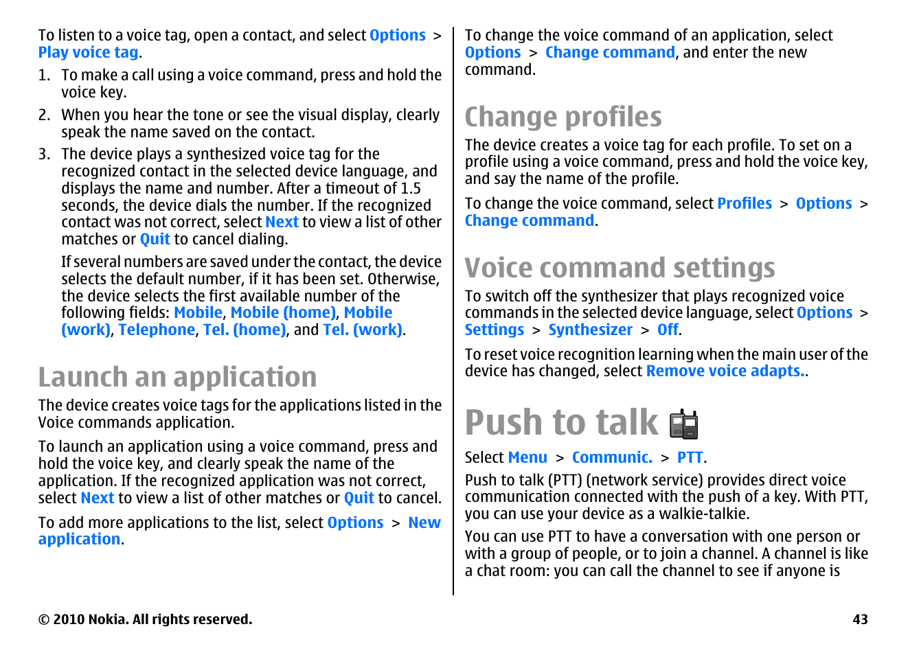 Launch an application, Change profiles, Voice command settings | Push to talk, Messaging folders | Nokia E71 User Manual | Page 43 / 151