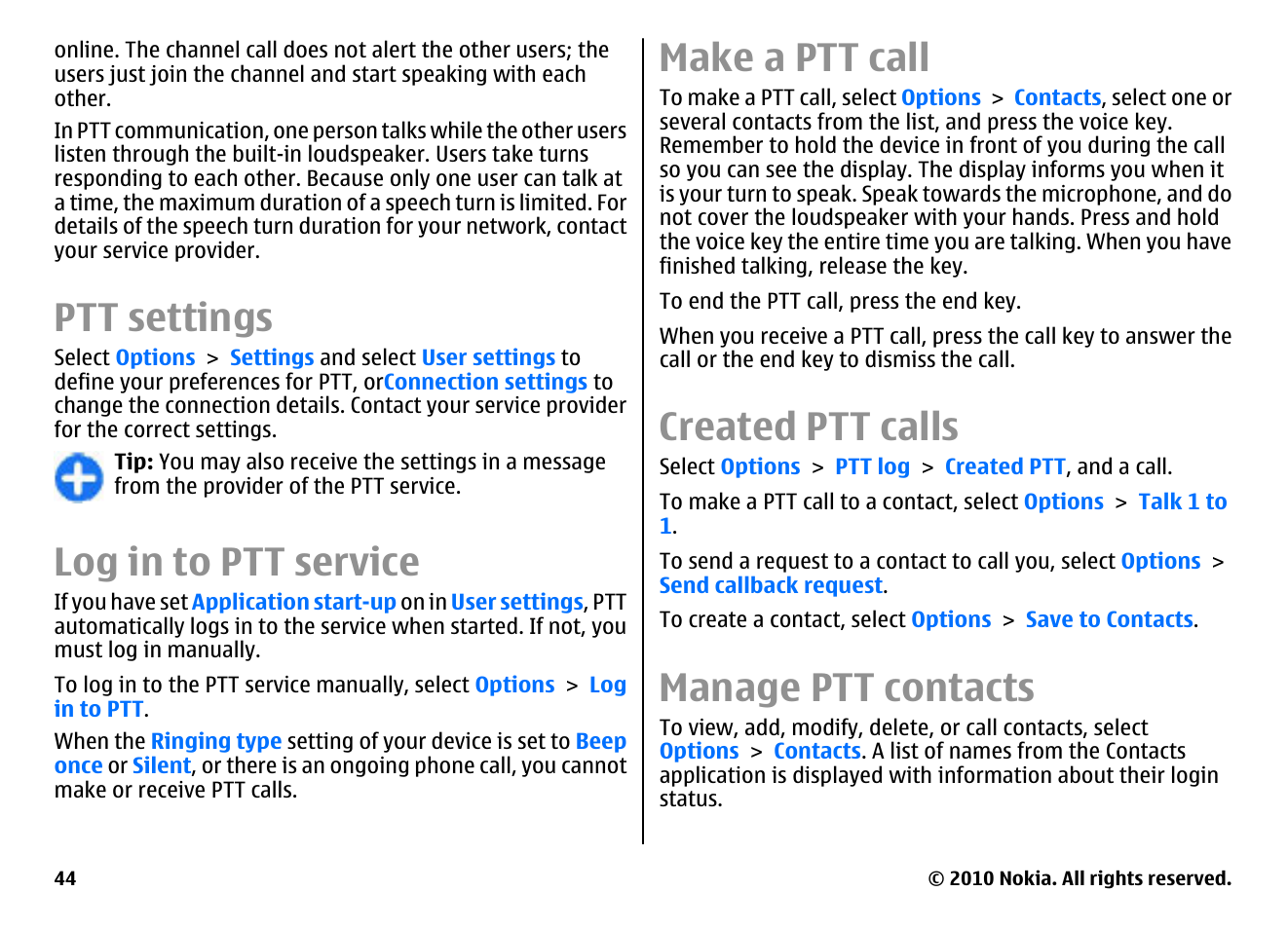 Ptt settings, Log in to ptt service, Make a ptt call | Created ptt calls, Manage ptt contacts | Nokia E71 User Manual | Page 44 / 151