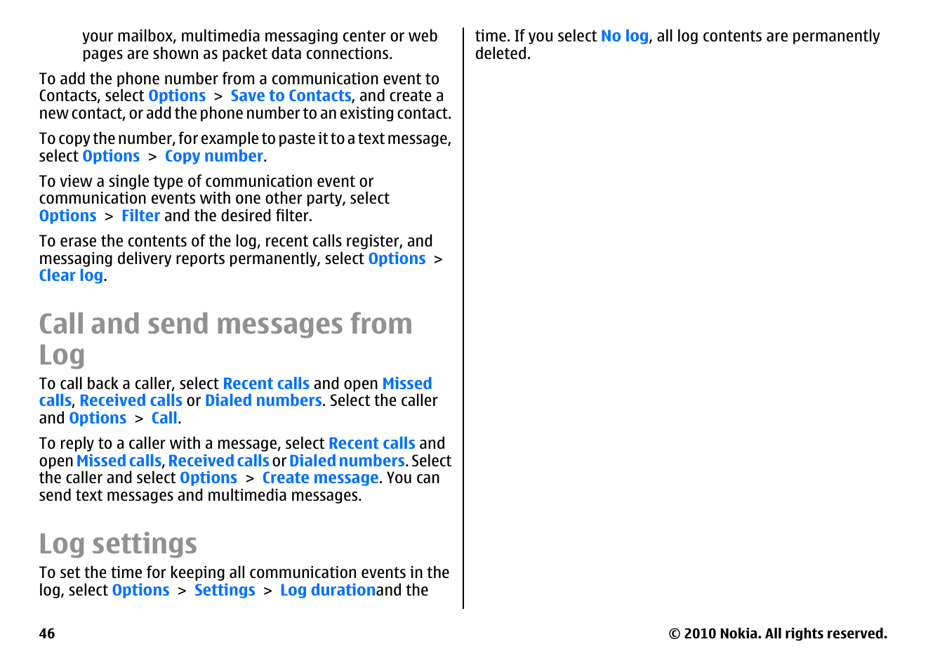 Call and send messages from log, Log settings | Nokia E71 User Manual | Page 46 / 151