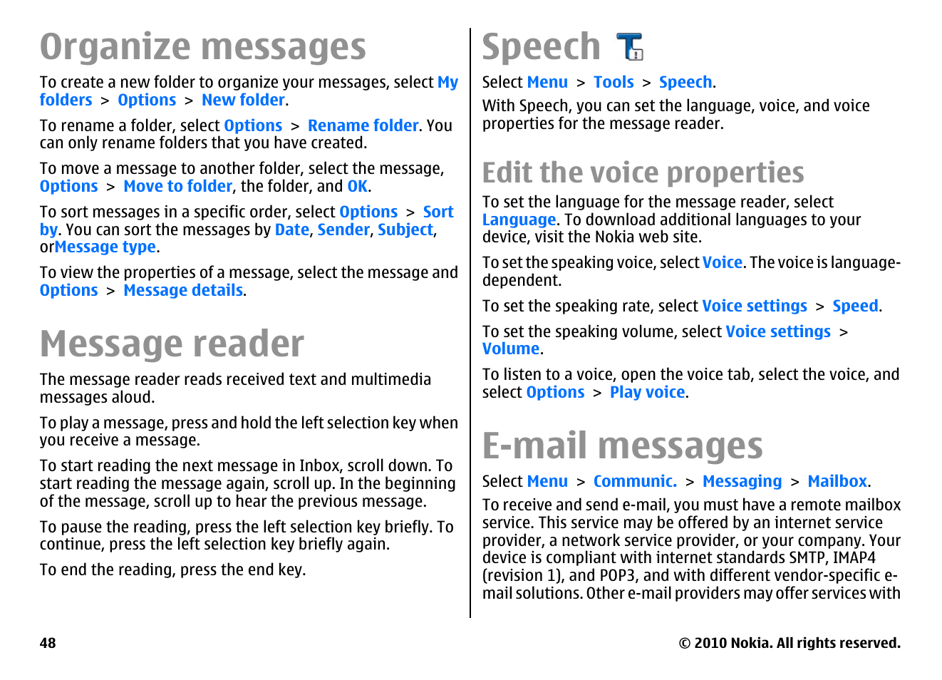 Organize messages, Message reader, Speech | Edit the voice properties, E-mail messages, Text messages, Multimedia messages, Instant messaging | Nokia E71 User Manual | Page 48 / 151