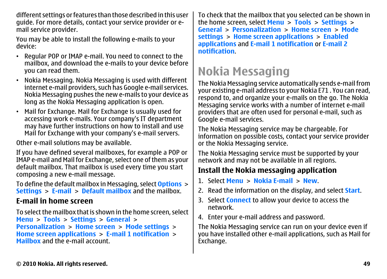 Nokia messaging | Nokia E71 User Manual | Page 49 / 151