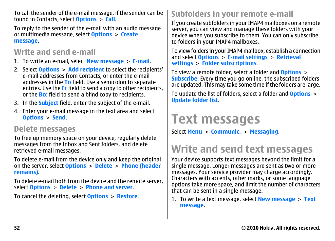 Write and send e-mail, Delete messages, Subfolders in your remote e-mail | Text messages, Write and send text messages, Special message types | Nokia E71 User Manual | Page 52 / 151