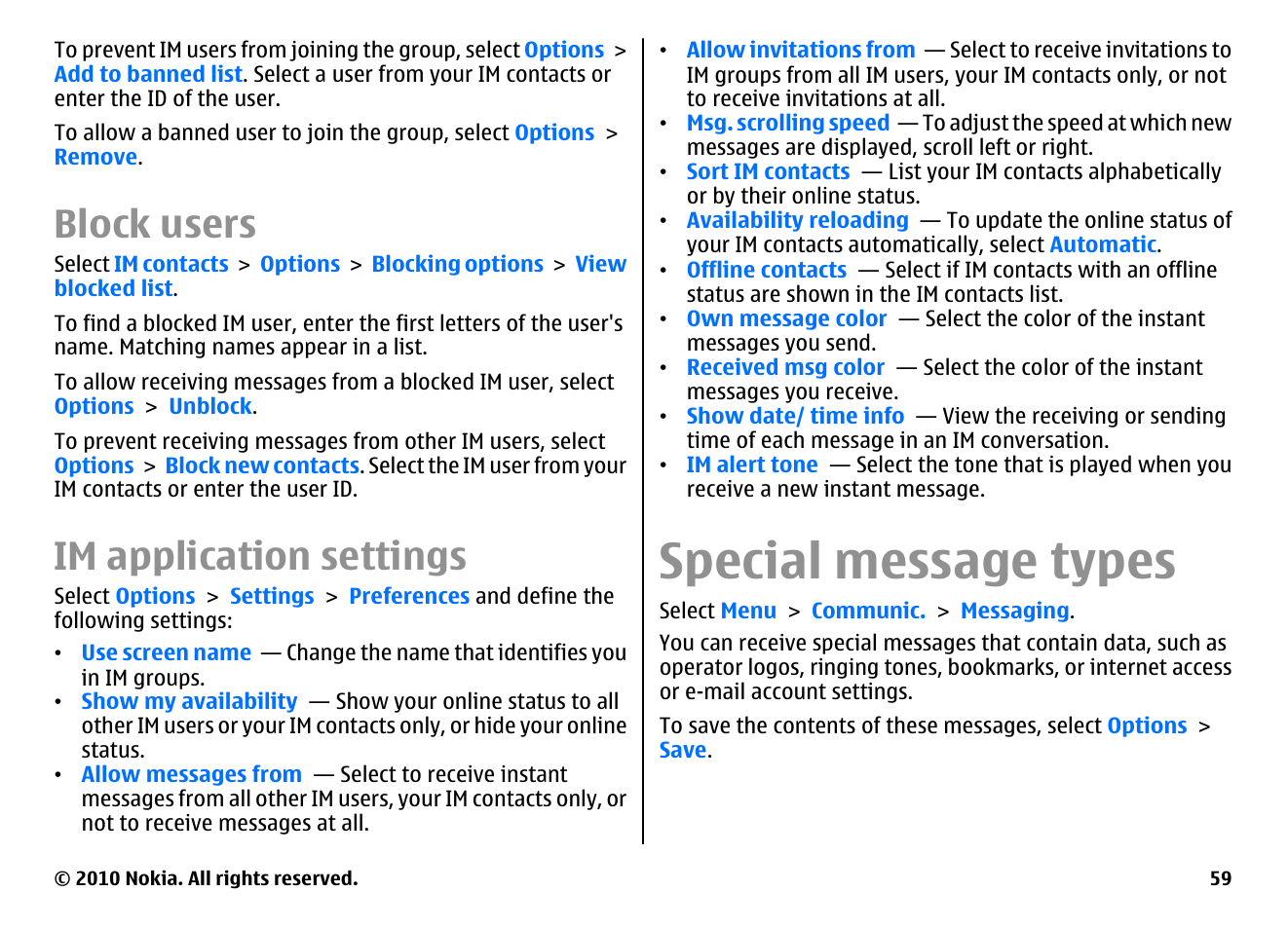 Block users, Im application settings, Special message types | Messaging settings | Nokia E71 User Manual | Page 59 / 151