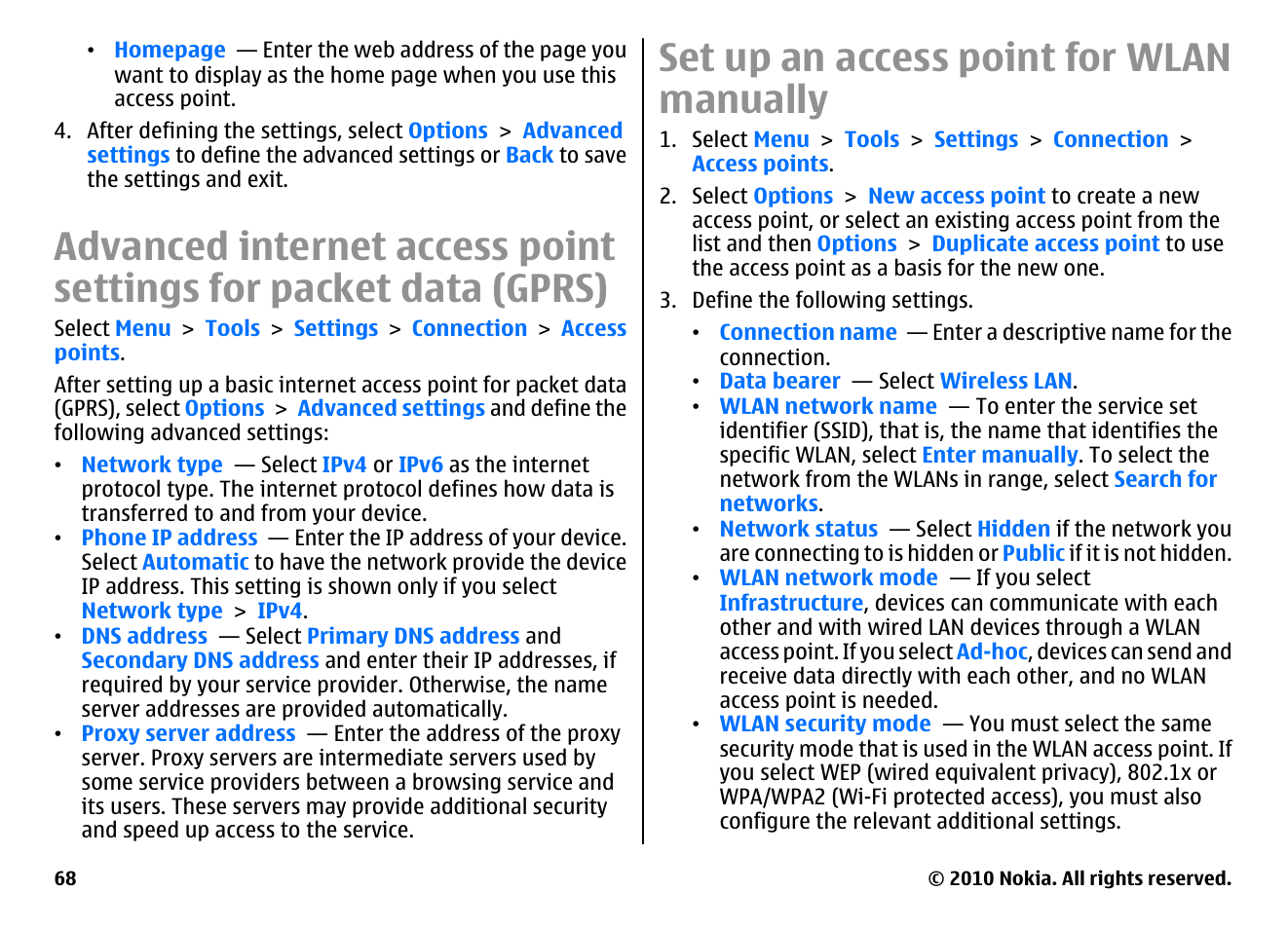 Set up an access point for wlan manually | Nokia E71 User Manual | Page 68 / 151