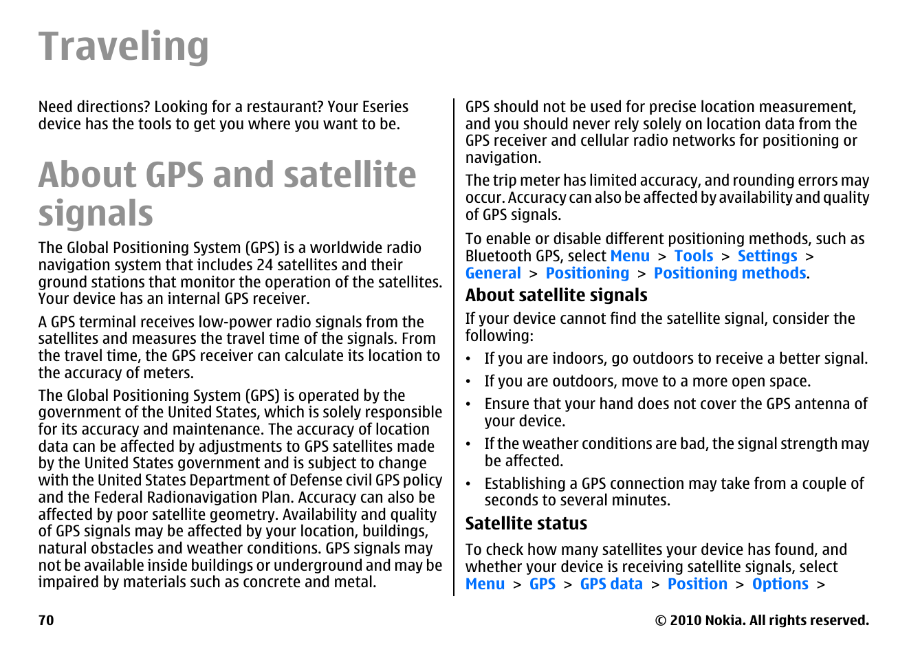 Traveling, About gps and satellite signals | Nokia E71 User Manual | Page 70 / 151