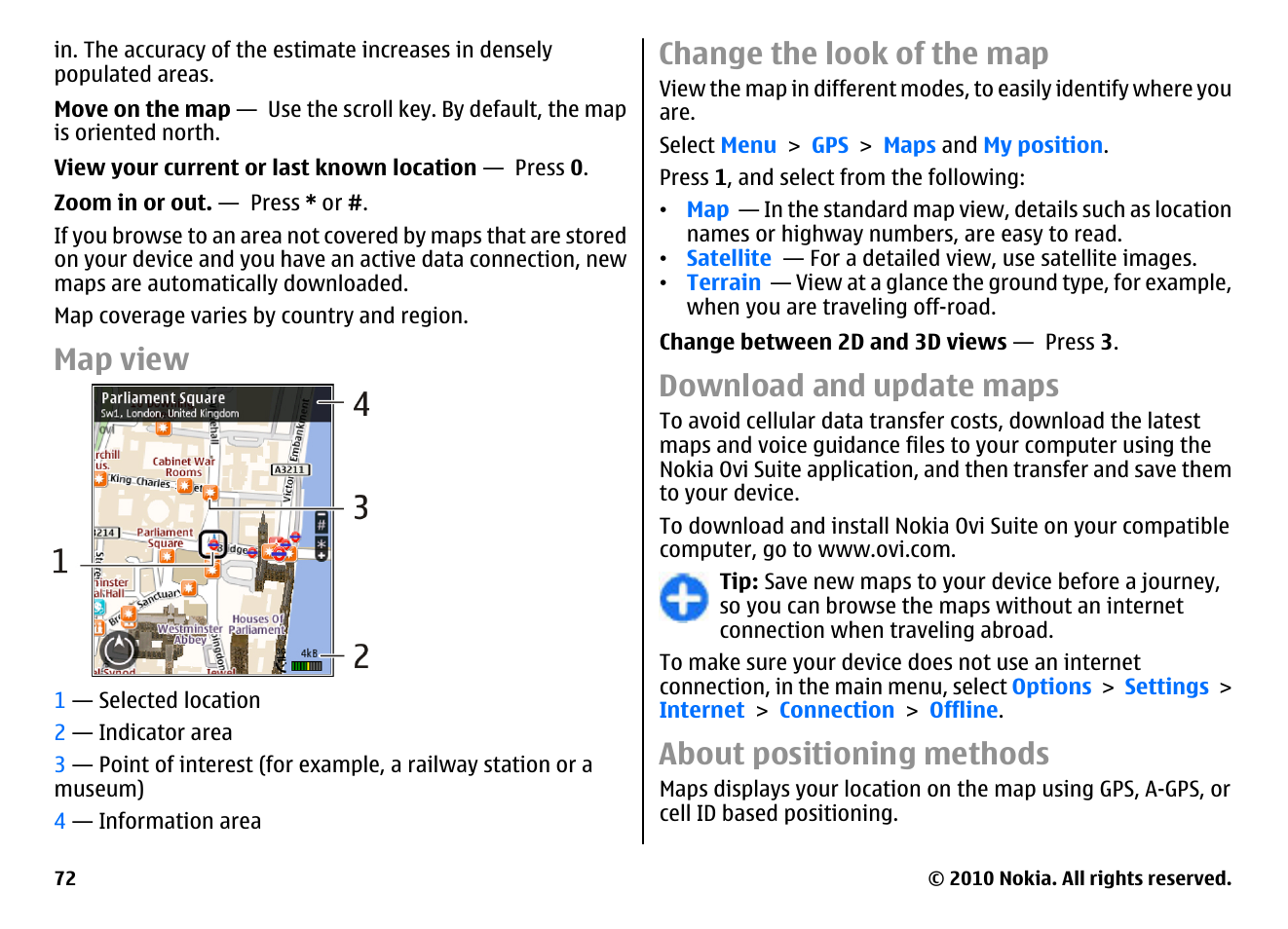 Map view, Change the look of the map, Download and update maps | About positioning methods | Nokia E71 User Manual | Page 72 / 151